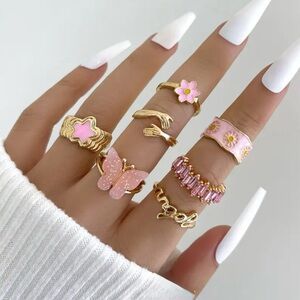 Gold and Pink Butterfly Ring Set